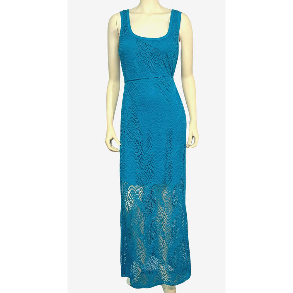 3-FOR-$30 Roz  Ali Sz 6 Maxi Tank Dress Crochet Overlay with Belt Aqua Blue